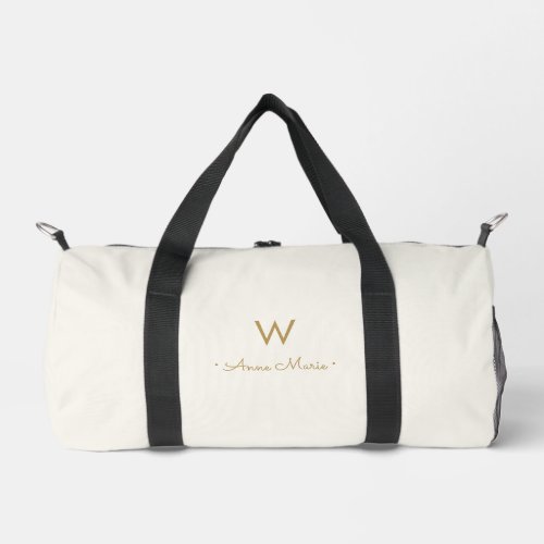 Modern Ivory Gold Script Monogram Duffle Bag