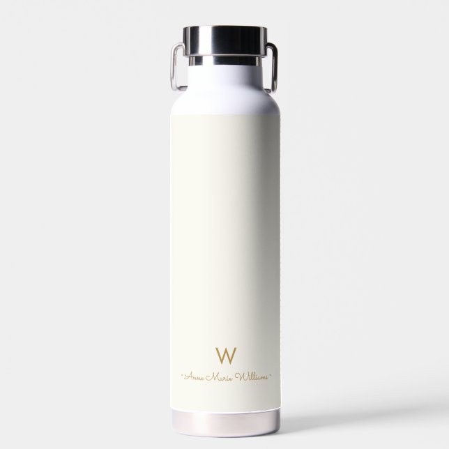 Modern Ivory Gold Script Monogram Water Bottle (Front)