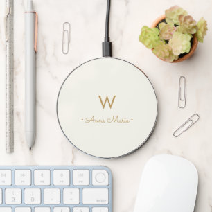 Modern Ivory Gold Script Monogram Wireless Charger