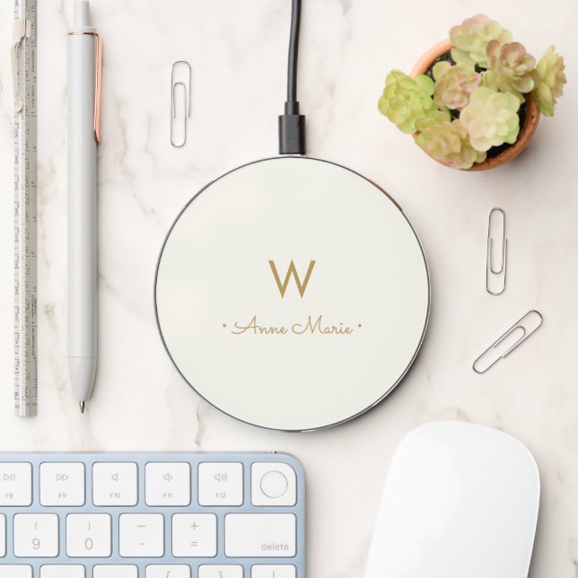 Modern Ivory Gold Script Monogram Wireless Charger (Desk)