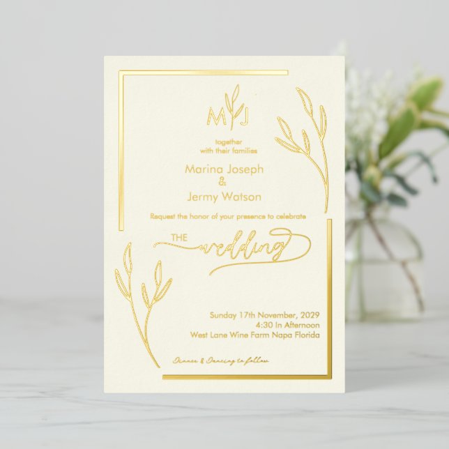Modern Ivory Golden Leaflet Border Monogram Foil Invitation (Standing Front)