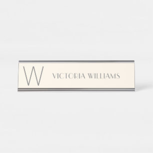 Modern ivory gray minimalist monogram name desk name plate