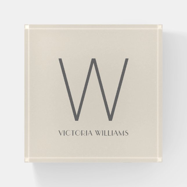 Modern ivory gray minimalist monogram name paperweight (Front)