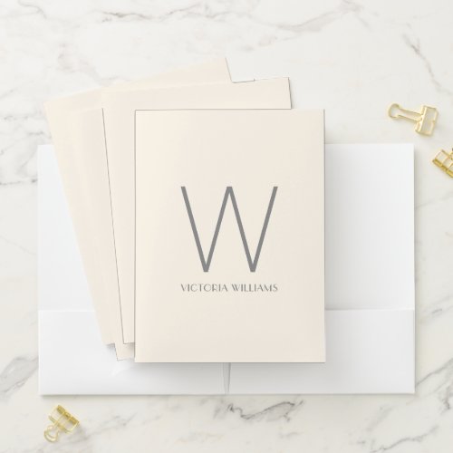 Modern ivory gray minimalist monogram name pocket folder