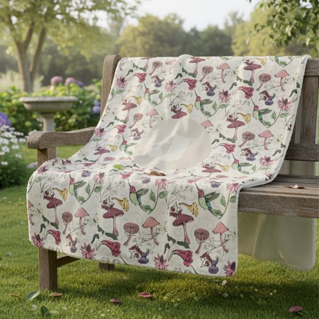 Modern Ivory Hummingbird Flowers Leaves Sherpa Blanket (Elegant Nature Inspired Hummingbird Blankets. Ivory Colibri, Flowers Leaves Pattern Initial for Her)