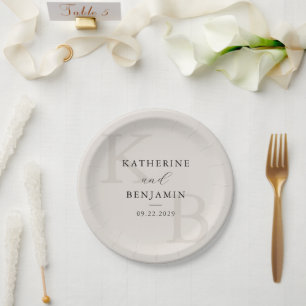 Modern Ivory Monogram Minimalist Wedding Paper Plates