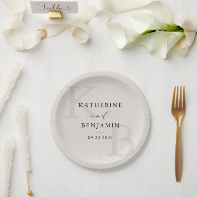 Modern Ivory Monogram Minimalist Wedding Paper Plates (Wedding)
