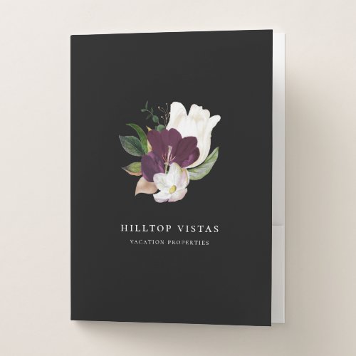 Modern Ivory Purple Floral Bouquet Black Pocket Folder