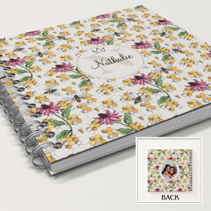Modern Ivory Queen Bee & Flowers Feminine Monogram Notebook