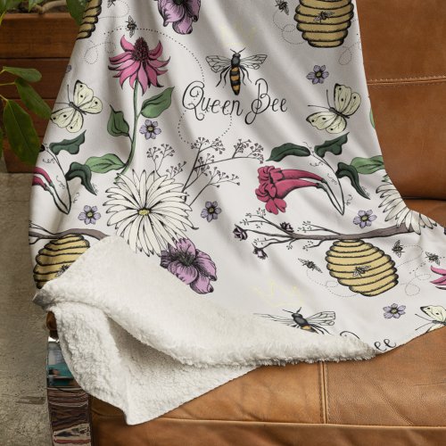 Modern Ivory Queen Bee Royal Crown Floral Pattern Sherpa Blanket