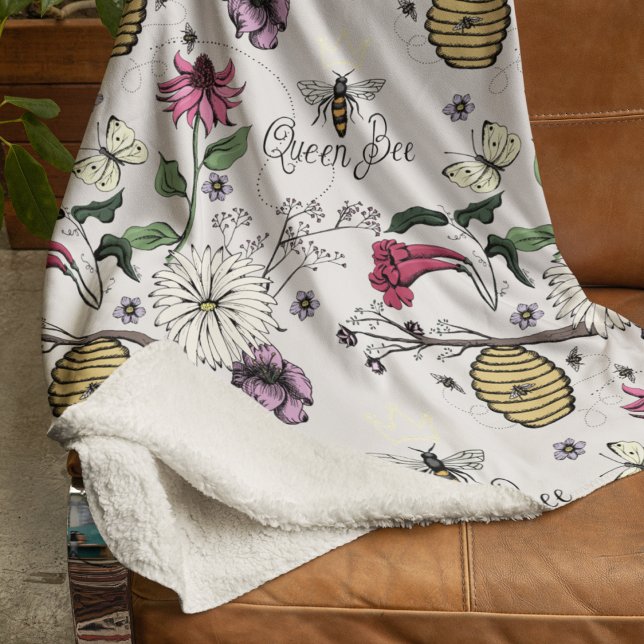 Modern Ivory Queen Bee Royal Crown Floral Pattern Sherpa Blanket (Elegant Ivory Queen Bee, Royal Crown, Flowers, Beehive & Bees Illustration Pattern. Beautiful!)