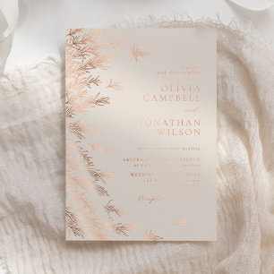 Modern Ivory Rose Gold Boho Leaves Wedding Foil Invitation