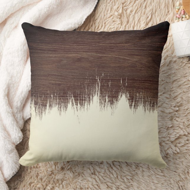 Modern ivory rustic dark brown wood brushstrokes throw pillow (Blanket)