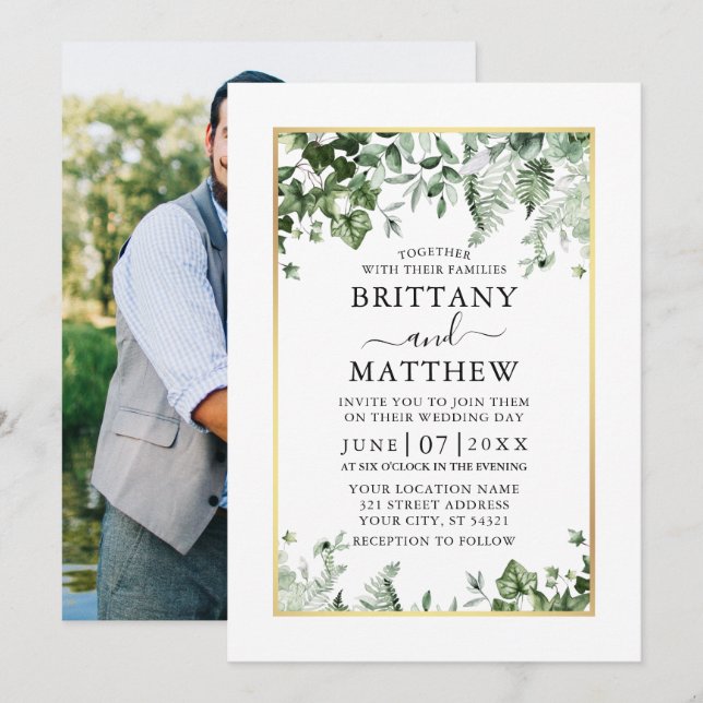 Modern Ivy Sage Greenery Photo Gold Wedding Invitation (Front/Back)