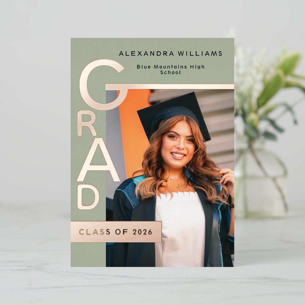 Modern Jade Graduation Announcement Rose Gold foil