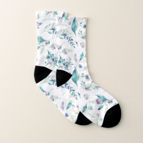 Modern jade green lavender watercolor floral socks