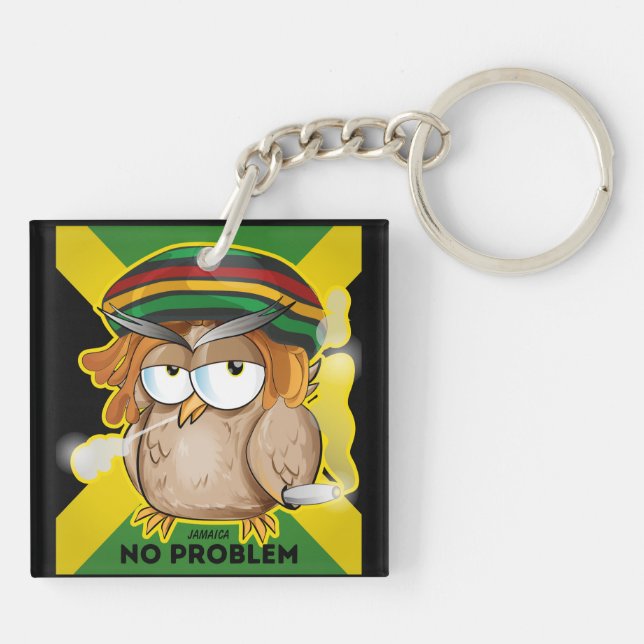 Modern Jamaica No Problem Funny Owl Smoking Keychain (Back)