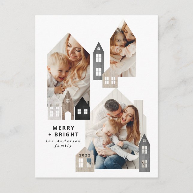 Modern Japan Christmas Nordic houses 3 photo chic  Holiday Postcard (Front)