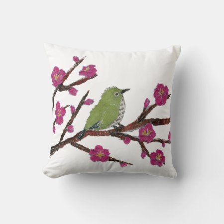 Modern Japanese Bird And Plum Tree Art Pillow