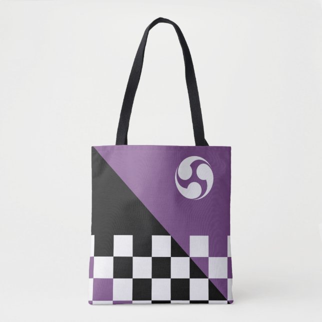 Modern Japanese Checker and Mitsudomoe Pattern Tote Bag (Front)