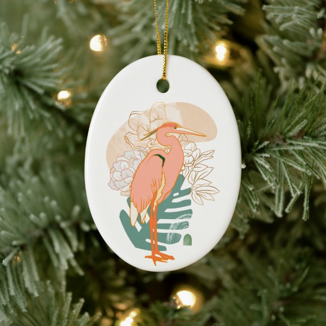 Modern Japanese Heron and Flowers Christmas Ceramic Ornament (Tree)