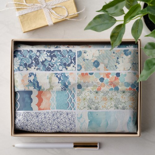 Modern Japanese Indigo Pattern Collage Sampler Tissue Paper