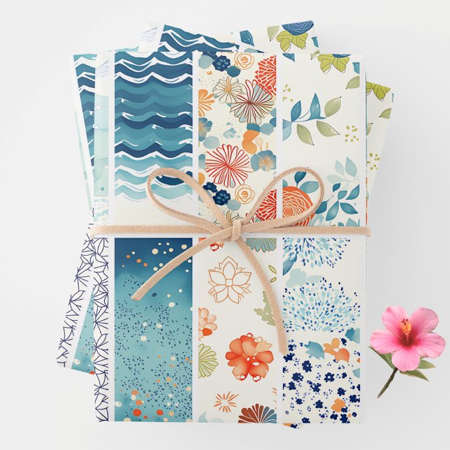 Modern Japanese Indigo Pattern Collage Sampler Wrapping Paper Sheets (Creator Uploaded)