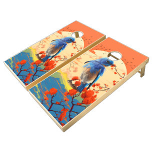 Modern Japanese Nature Bird In Blossom Scenery Cornhole Set