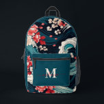Modern Japanese Sakura Custom Monogram Name Printed Backpack<br><div class="desc">Embrace a blend of traditional beauty and modern style with the "Japanese Cherry Blossom Custom Monogram Name Printed Backpack." This exquisite backpack features a stunning design of classic Japanese cherry blossoms and ocean waves set against a sleek black background. The intricate illustrations offer a touch of elegance and cultural charm,...</div>