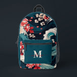 Modern Japanese Sakura Custom Monogram Name Printed Backpack<br><div class="desc">Embrace a blend of traditional beauty and modern style with the "Japanese Cherry Blossom Custom Monogram Name Printed Backpack." This exquisite backpack features a stunning design of classic Japanese cherry blossoms and ocean waves set against a sleek black background. The intricate illustrations offer a touch of elegance and cultural charm,...</div>