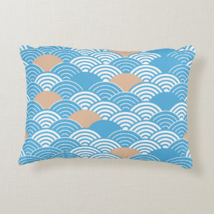 Modern Japanese Seigaiha Waves & Rising Sun Accent Pillow