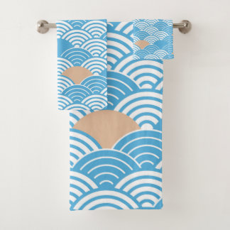Modern Japanese Seigaiha Waves & Rising Sun Bath Towel Set