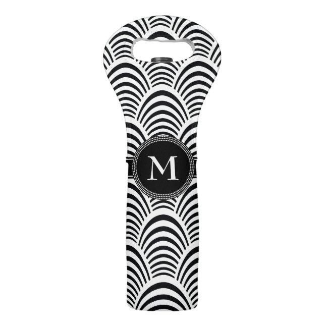 Modern Jazz Age Elegant Black and White Monogam Wine Bag (Front)