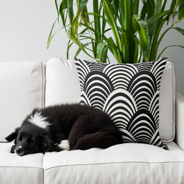 Modern Jazz Age Roaring Twenties Black and White Throw Pillow (Pillow shown at approx 20 inch size. Dog not included.)