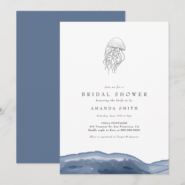 Modern Jellyfish Watercolor Beach Bridal Shower Invitation (Front/Back)
