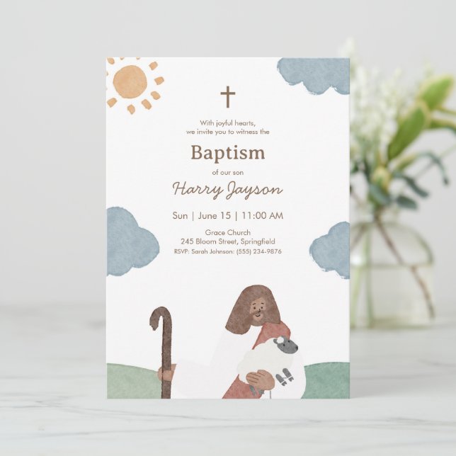 Modern Jesus And Lamb Baptism  Invitation (Standing Front)