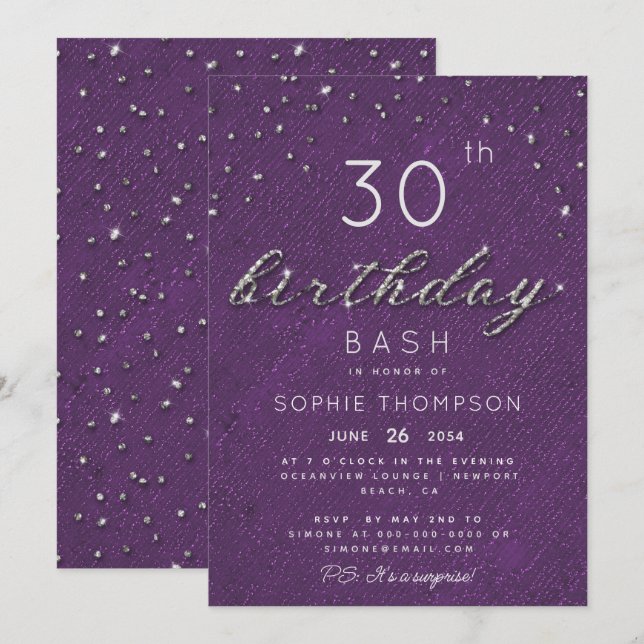 Modern Jewel Purple Sparkle Glitter Birthday Party Invitation (Front/Back)