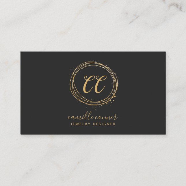 Modern Jewelry Designer Faux Gold Foil Black Business Card (Front)