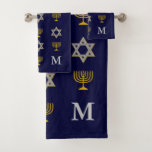 Modern Jewish Star of David Menorah Monogram Bath Towel Set<br><div class="desc">Modern, monogrammed Jewish-themed bath towel set, showing faux gold and silver STAR OF DAVID and MENORAH in a tiled pattern against a midnight blue background. The bottom right hand corner has a CUSTOMIZABLE MONOGRAM so you can add your own initial. Ideal for Hanukkah and other Jewish-themed home decor. Choose from...</div>