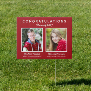 Modern Joint Graduation Two Graduates Red Sign