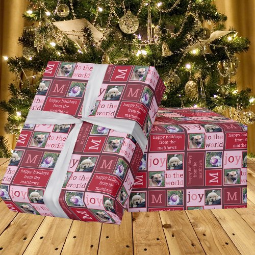 Modern JOY Chic Burgundy Red Pink 3 Photo Collage Wrapping Paper