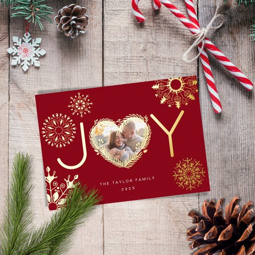 Modern Joy Christmas Heart Wreath Snowflake Photo Foil Holiday Card