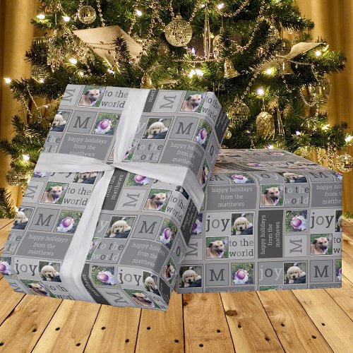 Modern JOY Cool Chic Gray 3 Photo Collage Wrapping Paper