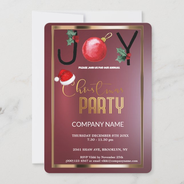  Modern Joy Corporate, Christmas Burgundy Red Invitation (Front)