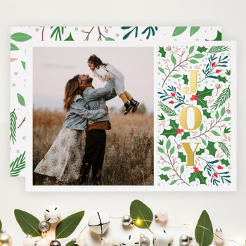 Modern Joy Holly Berries Photo Foil Holiday Card by XmasMall at Zazzle