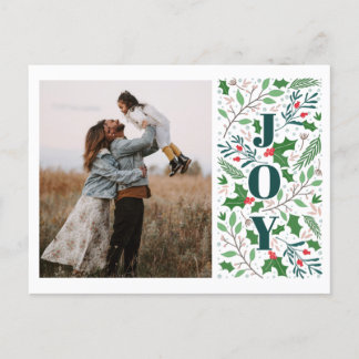 Modern JOY Holly Berries Photo Holiday Postcard