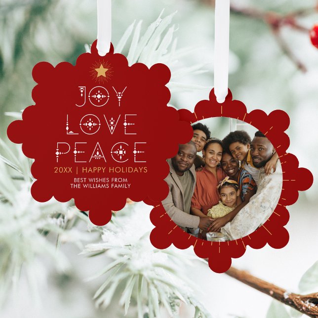 Modern Joy Love Peace Christmas Holiday Photo Ornament Card (Creator Uploaded)