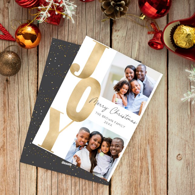 Modern JOY Merry Christmas Two Photo Minimalist Holiday Card (Creator Uploaded)