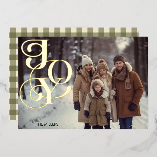 Modern Joy Minimal Elegant 1 Photo Green Gingham Foil Holiday Card