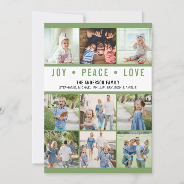 Modern Joy Peace Love Photo Collage Holiday Card (Front)